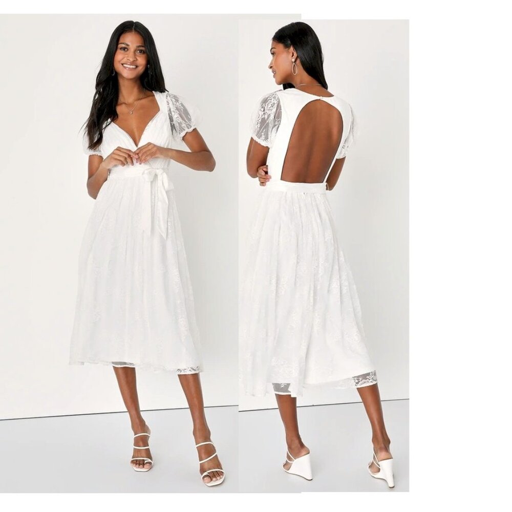 Lulus Romantic Prose White Lace Puff Sleeve Midi Dress Size Small New